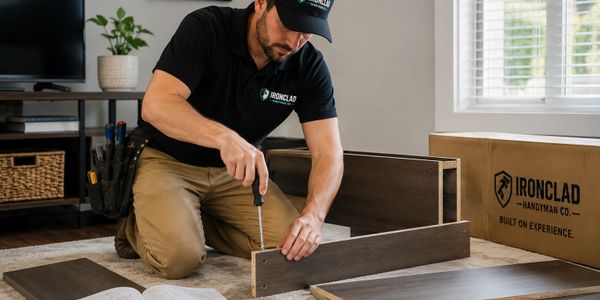 Handyman assembling furniture with a screwdriver in a bright room.
