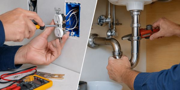 Hands fixing electrical outlet and plumbing pipes with tools.