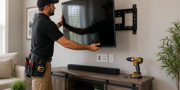 Technician mounting a flat-screen TV on a wall bracket in a living room.
