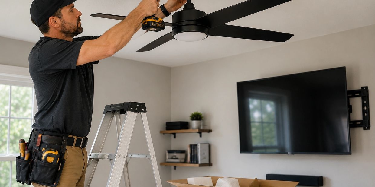 Technician installing a ceiling fan in a modern living room.