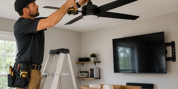 Technician installing a ceiling fan in a modern living room.