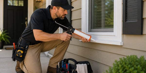 A man applying caulk around a window frame on a house exterior.