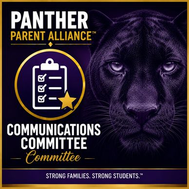 Panther Parent Alliance Communications Committee logo with a panther face and checklist icon.