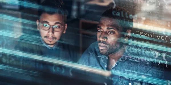 Two men focused on computer programming.