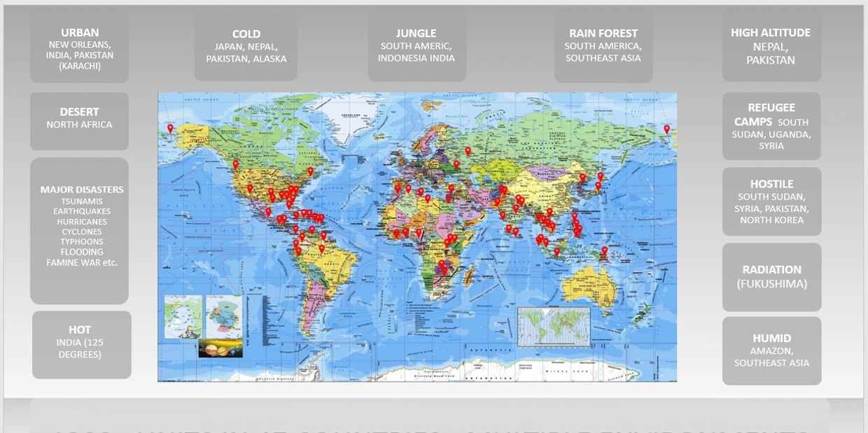 Map of all the countries and places where the Air Mobile Rescuer have been deployed.