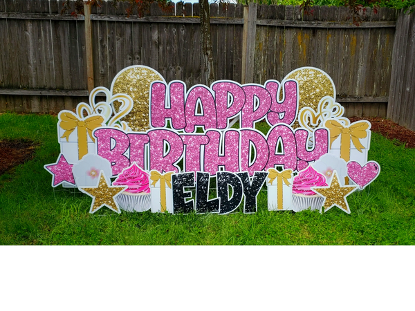 Birthday yard signs, cupcakes, balloons, presents and flowers in pink and gold. Yard sign rental,