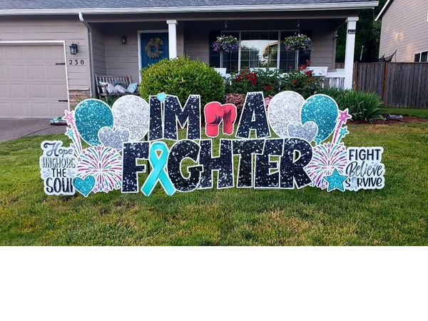 Cancer survivor yard sign rental card setup in teal
