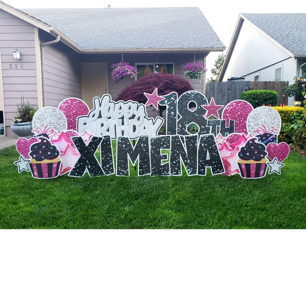 happy birthday yard signs, yard sign rentals, birthday yard sign in yard