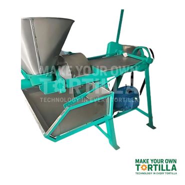 Industrial tortilla-making machine with a green frame and metal components.