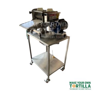 Commercial tortilla pressing machine on a stainless steel stand with wheels.
