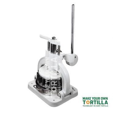 Manual tortilla press machine with a lever for pressing dough.
