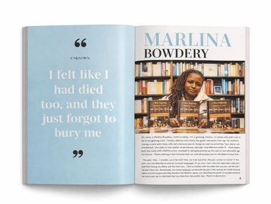 Open magazine spread featuring a grief quote alongside a featured portrait and written story by Marl