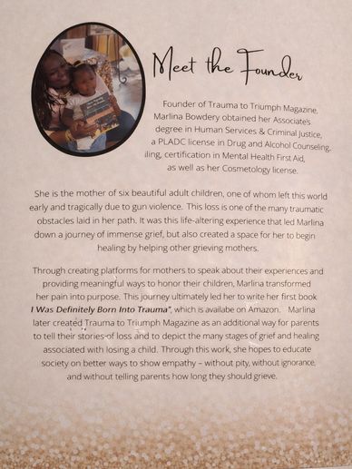 A magazine page titled “Meet the Founder,” featuring Marlina Bowdery with her grandchild, sharing he