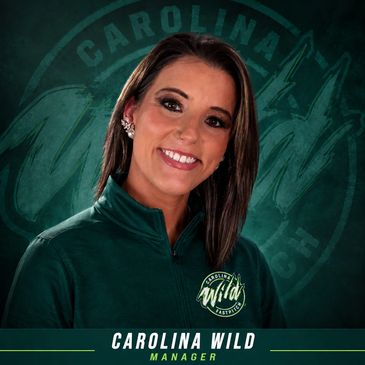 Portrait of a smiling woman with Carolina Wild logo background.