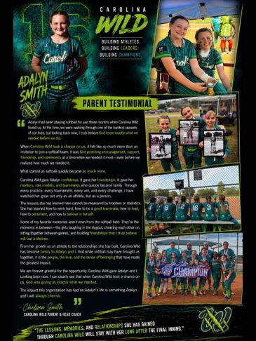 Carolina Wild softball player Adalyn Smith shares a heartfelt parent testimonial about her positive experience.