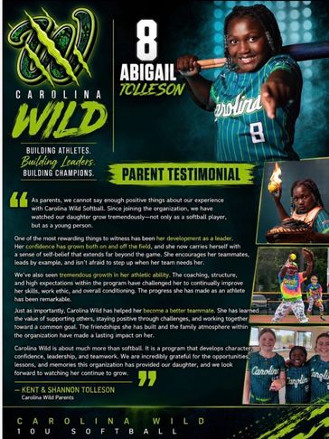 Carolina Wild softball player Abigail Tolleson praised by parents for her leadership and growth.