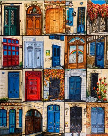 Collage artistique de portes colorées.