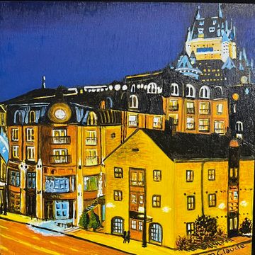 Peinture d'un quartier urbain illuminé la nuit.