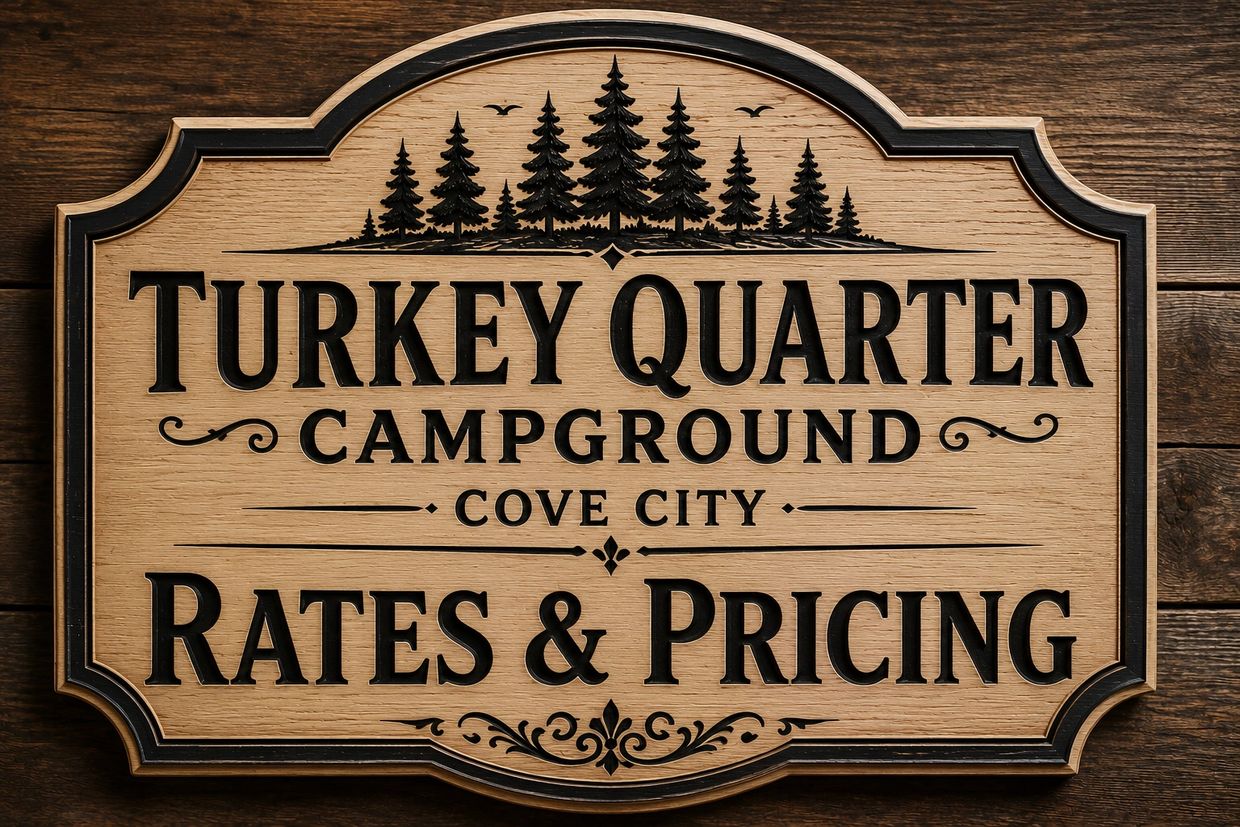 Wooden sign for Turkey Quarter Campground rates and pricing.