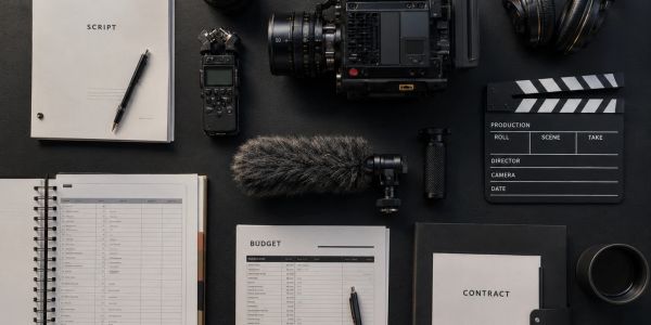 Film production tools and documents neatly arranged on a black surface.