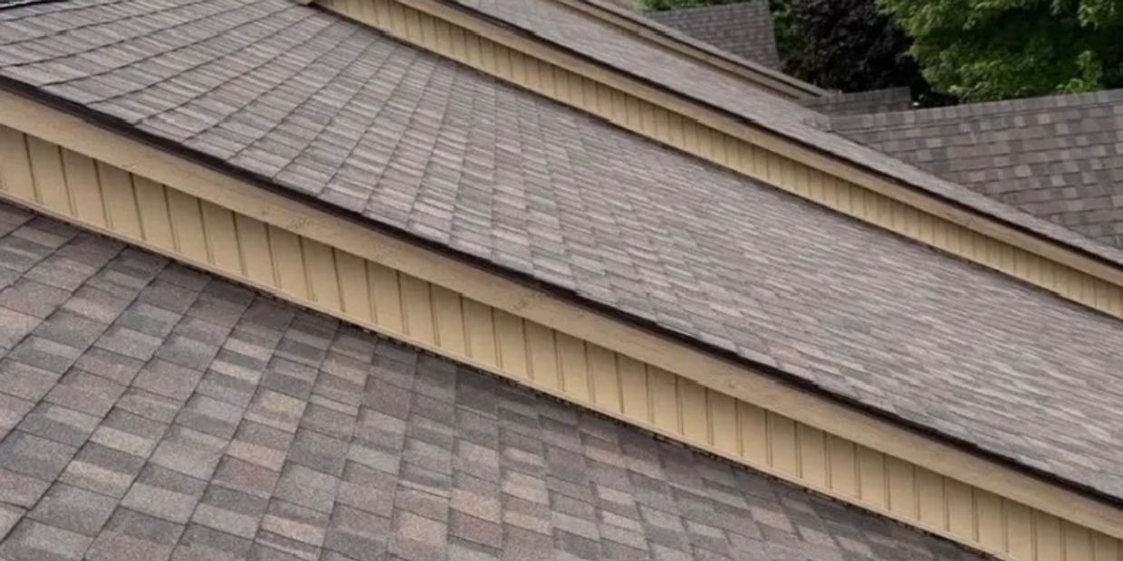 Close-up of a shingled house roof.