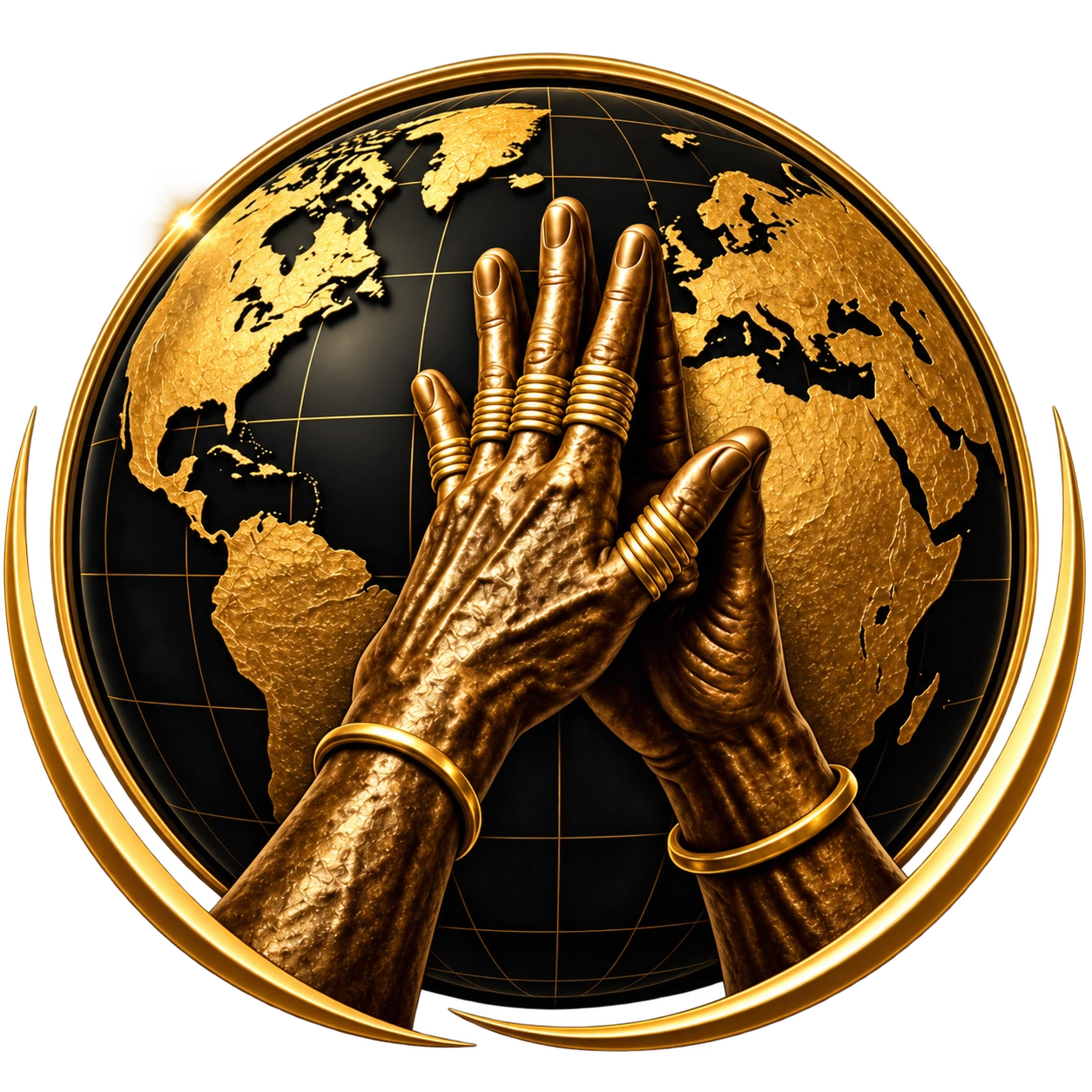 Golden hands in prayer over a golden Earth globe.