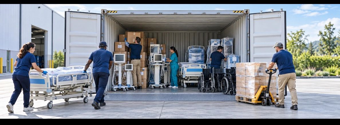 Workers unloading medical equipment from a shipping container.