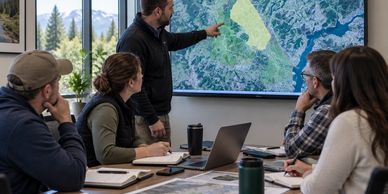 Team discusses a map on a large screen.