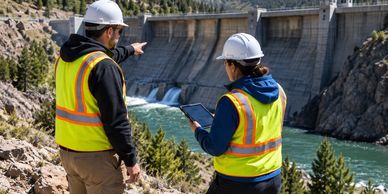 Two workers inspecting a dam outdoors.