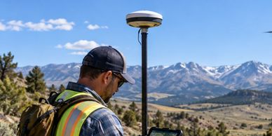 Surveyor working in mountainous area with GPS device.