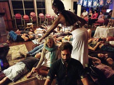 Keema Cooper Giesselmann doing sound healing for Tribal Primordial Healing event on Oahu Hawaii