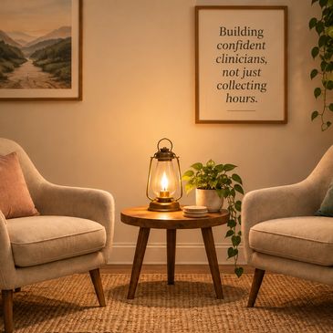 A cozy seating area with a lamp and motivational quote.