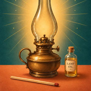 Vintage oil lamp with lamp oil bottle and matchstick.
