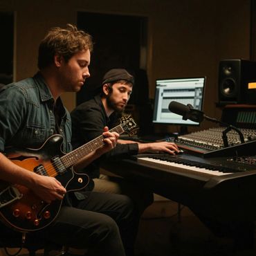 Two musicians collaborating in a dimly lit studio with guitar and mixing equipment.