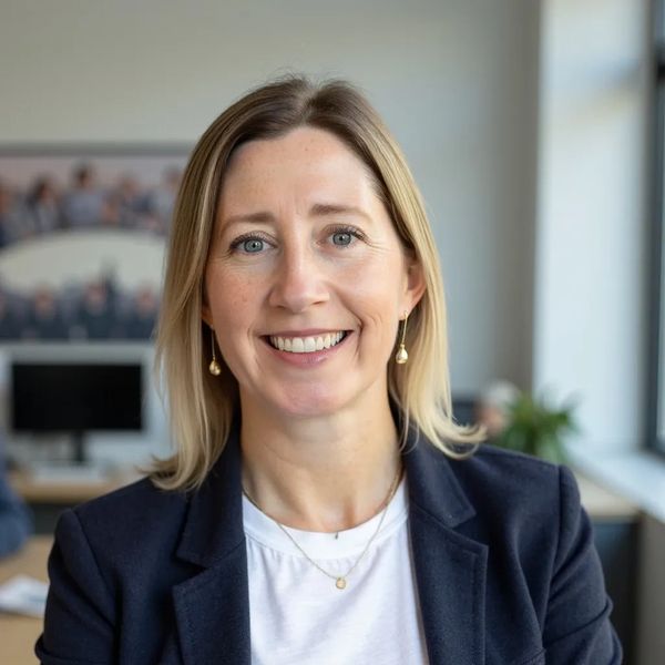 Smiling woman in professional attire in an office setting.