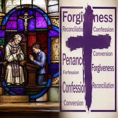 Stained glass and poster highlighting forgiveness and confession in a Catholic church.
