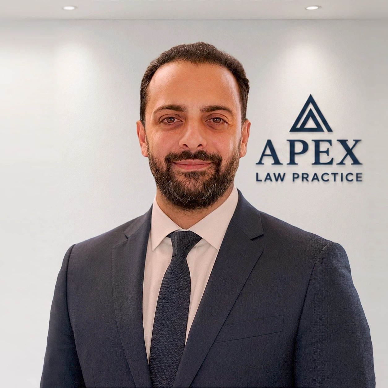 Professional man standing in front of APEX Law Practice sign.