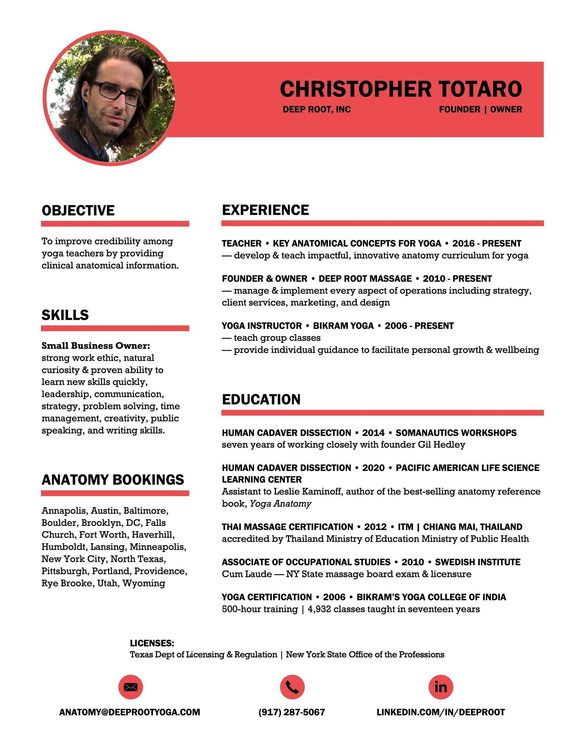 Professional resume of Christopher Totaro, founder of Deep Root, Inc, highlighting yoga and massage expertise.