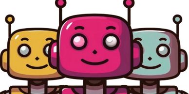 Three colorful cartoon robots with smiling faces and antennas.