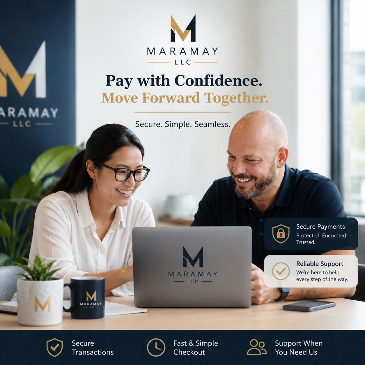 Two professionals using Maramay LLC laptop, promoting secure and confident payments.
