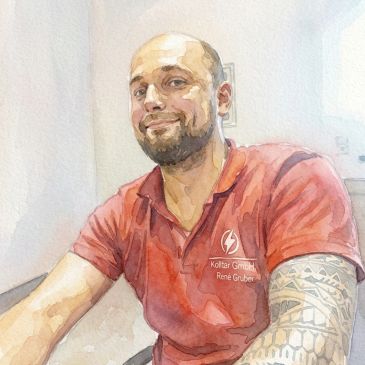 Aquarellporträt eines Mannes mit tätowiertem Arm.