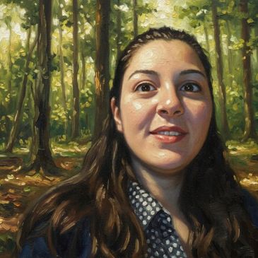 Porträt einer Frau mit langem Haar im Wald.