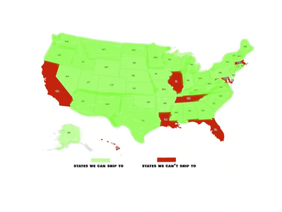 MAP OF THE UNITED STATES THAT SHOW THE GREEN STATE WE CAN SHIP TO AND THE RED STATE WE CAN'T SHIP TO