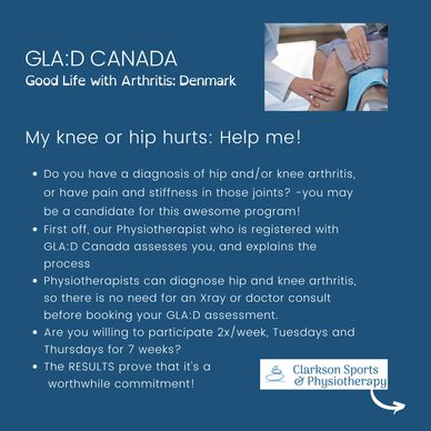 screenshot of Glad Canada info for hip/knee arthritis. GLAD classes are proven to reduce pain