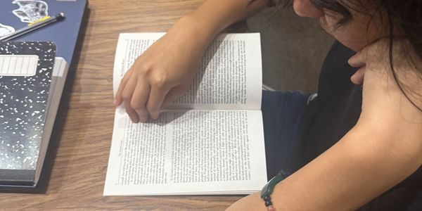 Person reading a book at a wooden table with notebooks nearby.