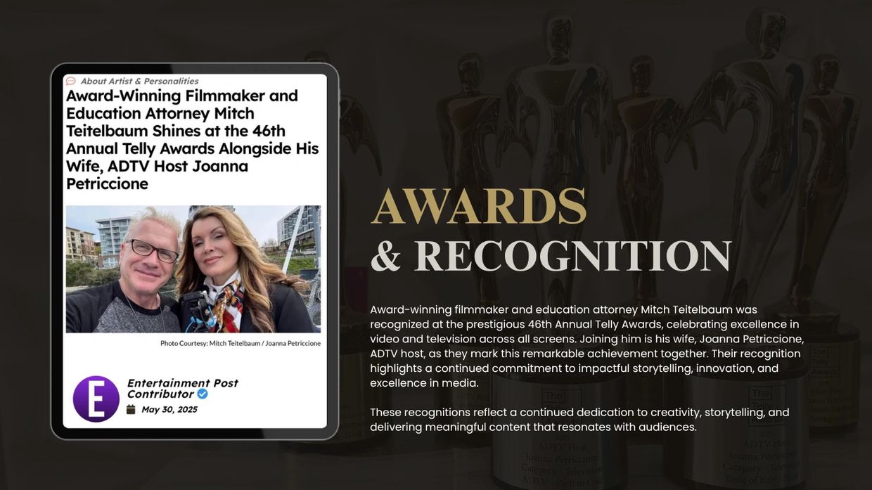 Award-winning filmmaker Mitch Teitelbaum and wife Joanna Petriccione recognized at the 46th Annual Telly Awards.