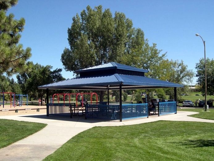 Shade pavilion in city park.
