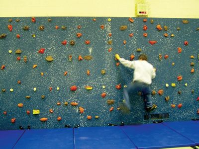 Indoor climbing/traverse wall at a middle school in Ohio.