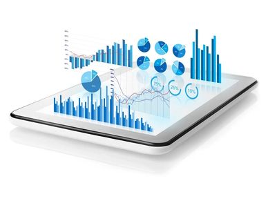 Tablet displaying floating blue charts and graphs representing data analytics.