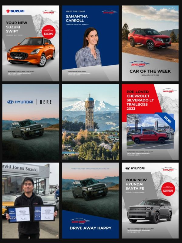 Car dealership ads and team introduction panels.